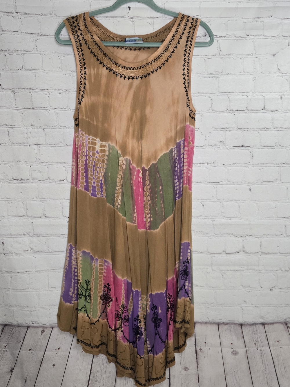 India Boutique Tan Multicolor Sleeveless Midi Dress Boho Indie Cottagecore